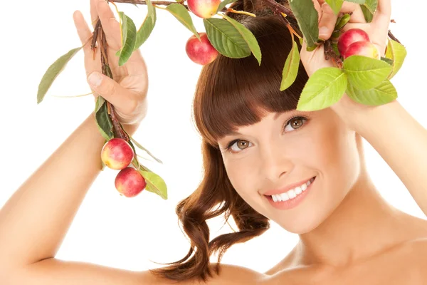 Mujer feliz con ramita de manzana —  Fotos de Stock