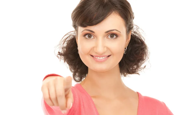 Attraktive Geschäftsfrau zeigt mit dem Finger — Stockfoto