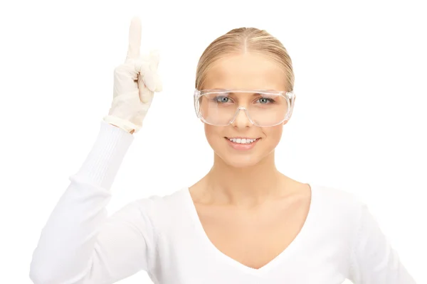 Mujer con gafas y guantes de protección —  Fotos de Stock