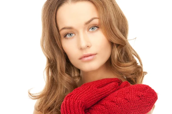 Beautiful woman in red mittens — Stock Photo, Image
