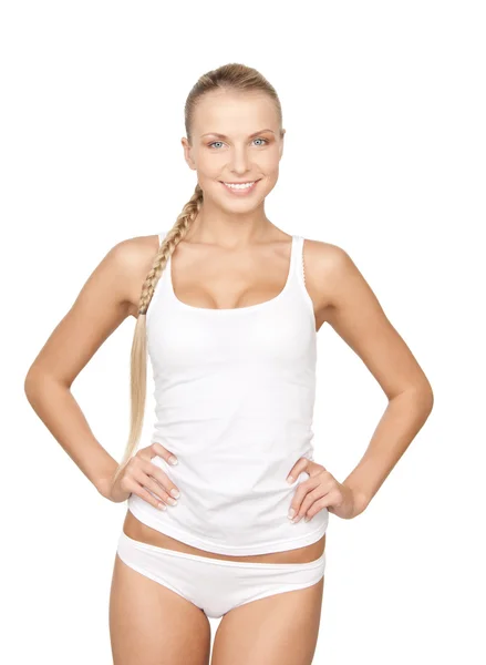 Mooie vrouw in witte katoenen ondergoed — Stockfoto