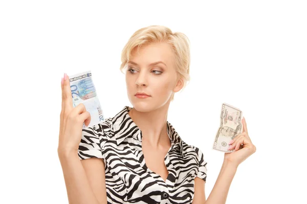 Woman with euro and dollar — Stock Photo, Image