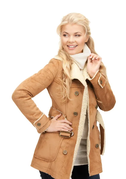 Beautiful woman in sheepskin jacket — Stock Photo, Image