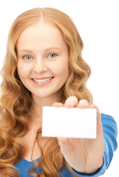 비즈니스 카드와 함께 행복 한 여자 — 스톡 사진