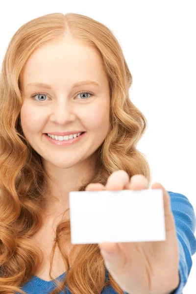 비즈니스 카드와 함께 행복 한 여자 — 스톡 사진