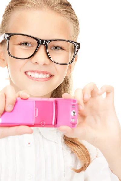 Happy girl taking picture with cell phone — Stock Photo, Image