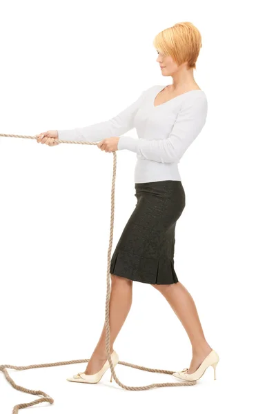Business woman pulling rope — Stock Photo, Image