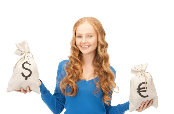 Donna con euro e borse dollaro — Foto Stock