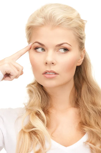 Mujer de negocios pensativa sobre blanco — Foto de Stock