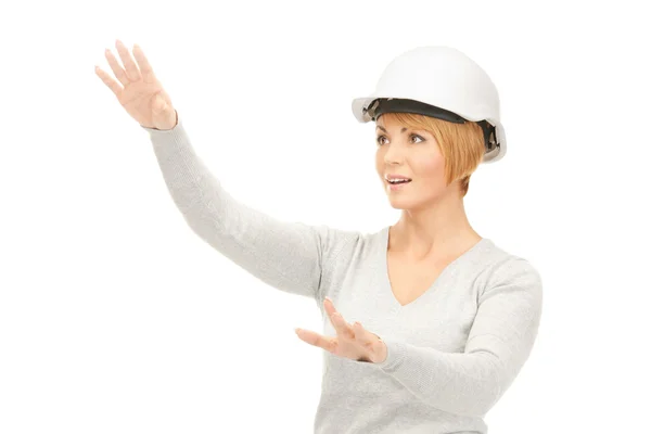 Picture Female Contractor Helmet Working Something Imaginary — Stock Photo, Image