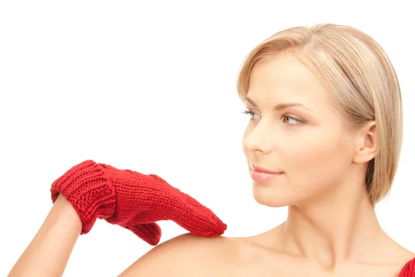 红色的手套在美丽的女人的图片 — 图库照片