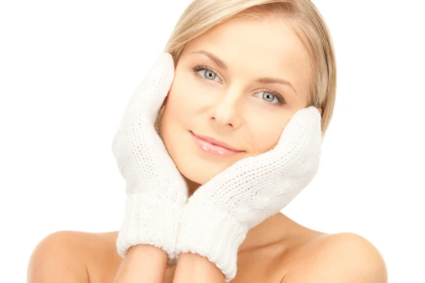 Picture Beautiful Woman White Mittens — Stock Photo, Image