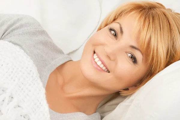 Bright Closeup Picture Woman Bed — Stock Photo, Image