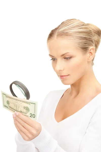 Lovely Woman Magnifying Glass Money — Stock Photo, Image