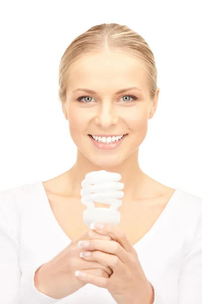 Bright Picture Woman Holding Energy Saving Bulb — Stock Photo, Image