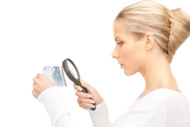 Woman with magnifying glass and money clipart