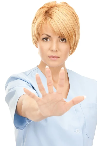 Bright Picture Attractive Female Doctor Showing Stop Gesture — Stock Photo, Image
