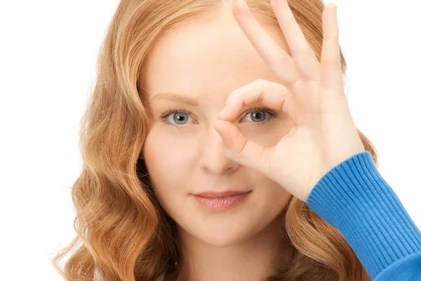 Picture Lovely Woman Looking Hole Fingers — Stock Photo, Image