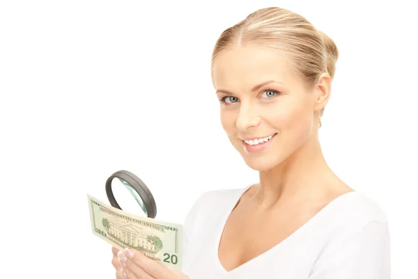 Lovely Woman Magnifying Glass Money — Stock Photo, Image