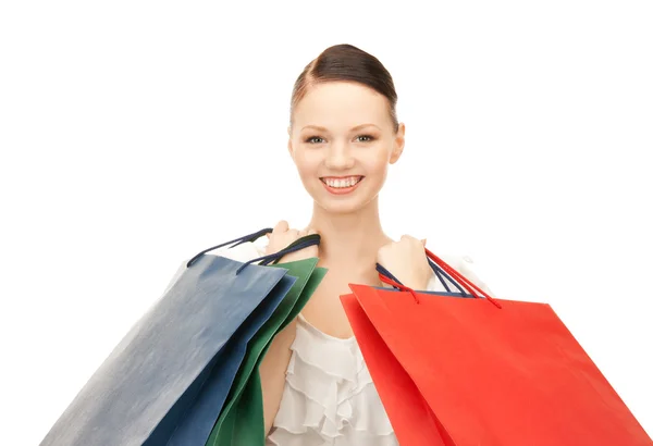 素敵な女性の白のショッピング バッグ — ストック写真