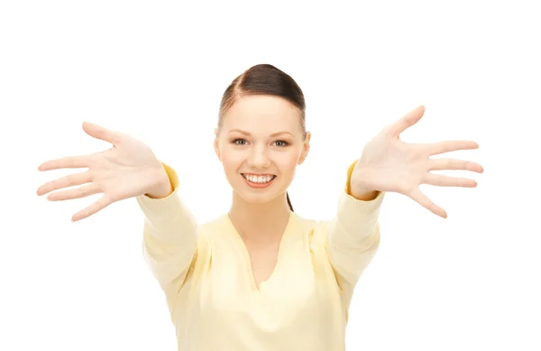 Imagem Brilhante Mulher Feliz Mostrando Suas Palmas — Fotografia de Stock