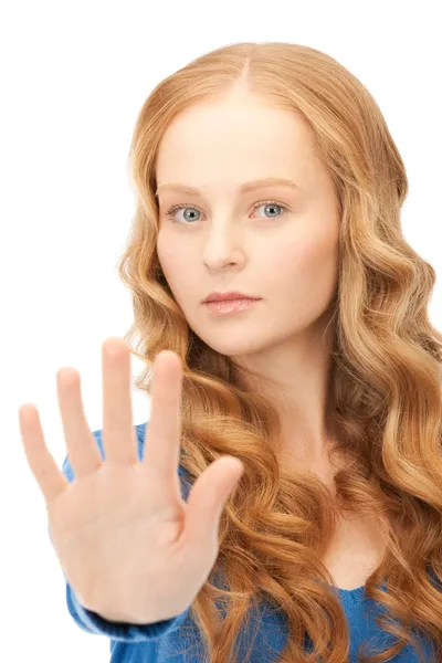 Bright Picture Young Woman Making Stop Gesture — Stock Photo, Image