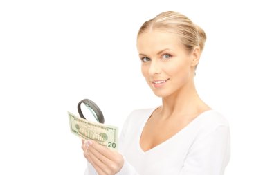 Woman with magnifying glass and money clipart