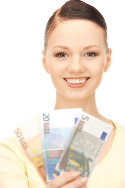 Mulher encantadora com dinheiro em euros — Fotografia de Stock