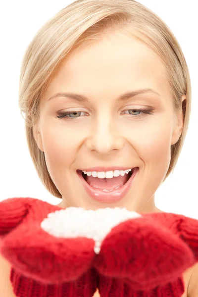 Picture Beautiful Woman Red Mittens Snow — Stock Photo, Image
