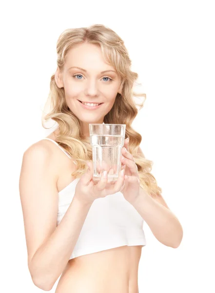 Hermosa Mujer Con Vaso Agua Sobre Blanco — Foto de Stock
