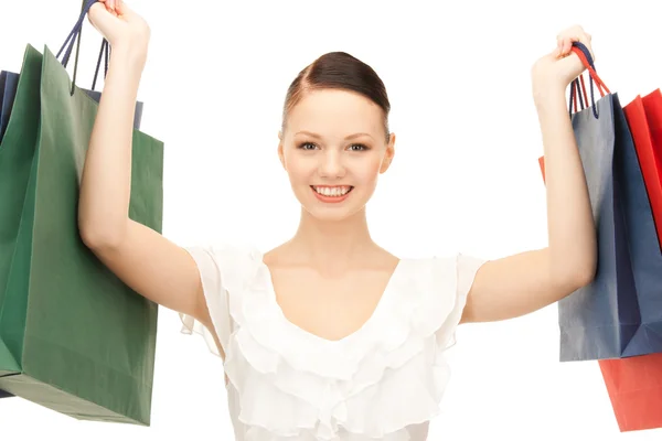 Mujer Encantadora Con Bolsas Compras Sobre Blanco —  Fotos de Stock