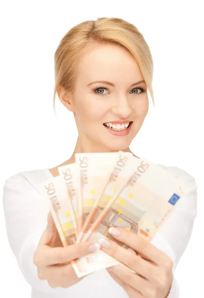 Mujer encantadora con dinero en efectivo en euros —  Fotos de Stock
