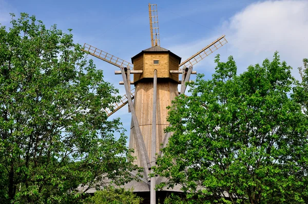 Alte Windmühle hinter Bäumen. — Stockfoto