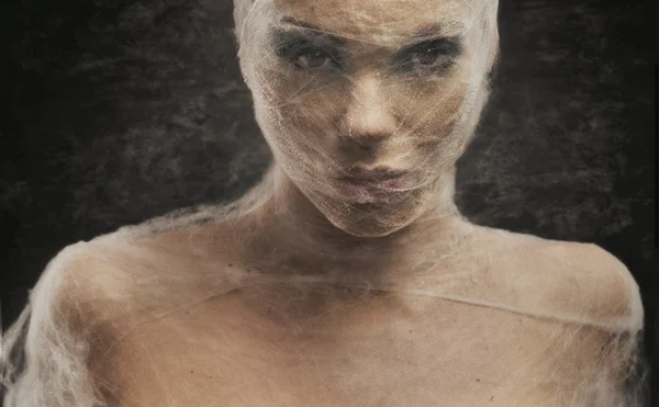 Bildende Kunst Porträt einer jungen Frau mit Spinnweben umwickelt — Stockfoto