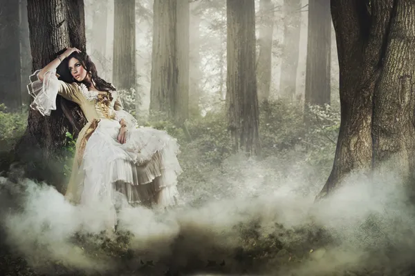 在森林里的老式穿着华丽黑发美女 图库图片