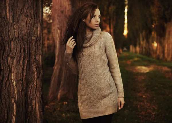 ロマンチックな秋の風景の中に若い女性 — ストック写真