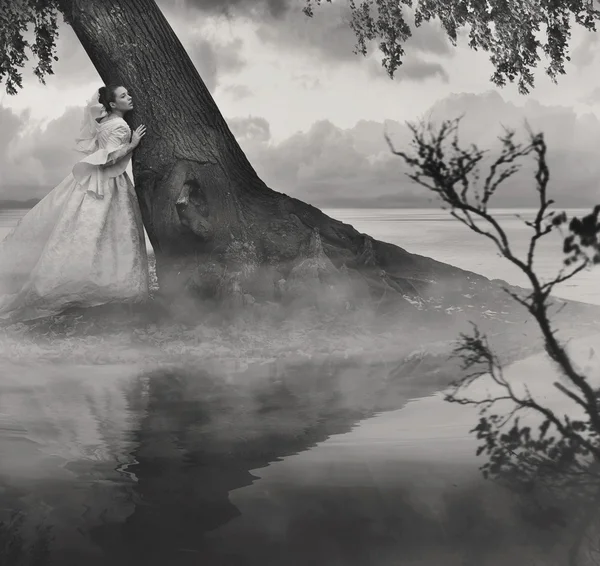 白と黒の美しさの風景の女性のファインアート写真 — ストック写真
