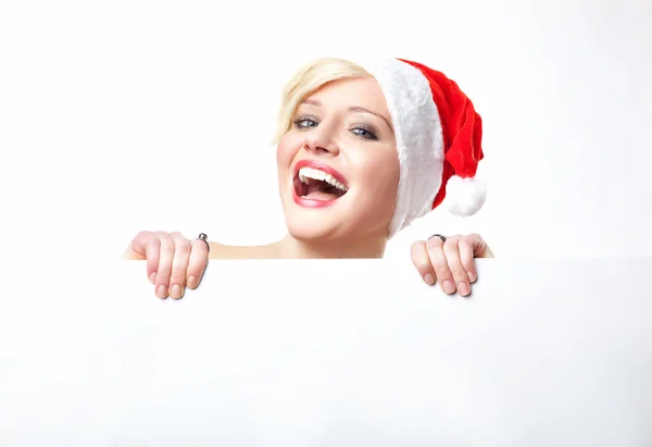 Fröhliche Weihnachtsfrau Mit Leerem Weißen Brett — Stockfoto
