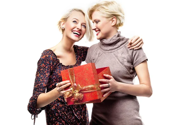 Dwie Blond Piękności Gospodarstwa Świąteczny Prezent Obrazy Stockowe bez tantiem