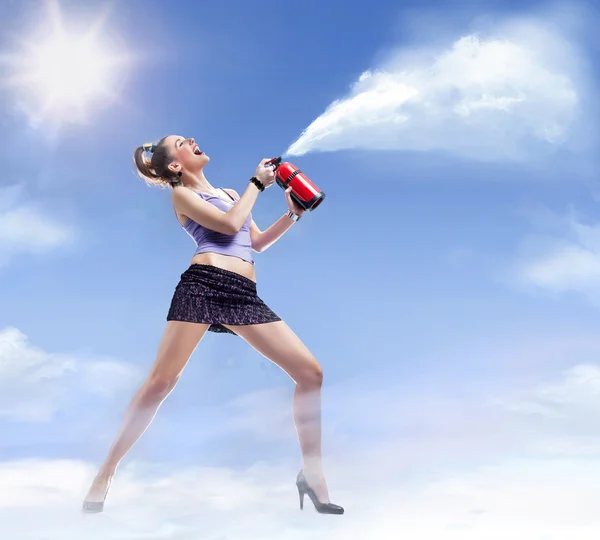 Young Beautiful Woman Fire Extinguisher — Stock Photo, Image