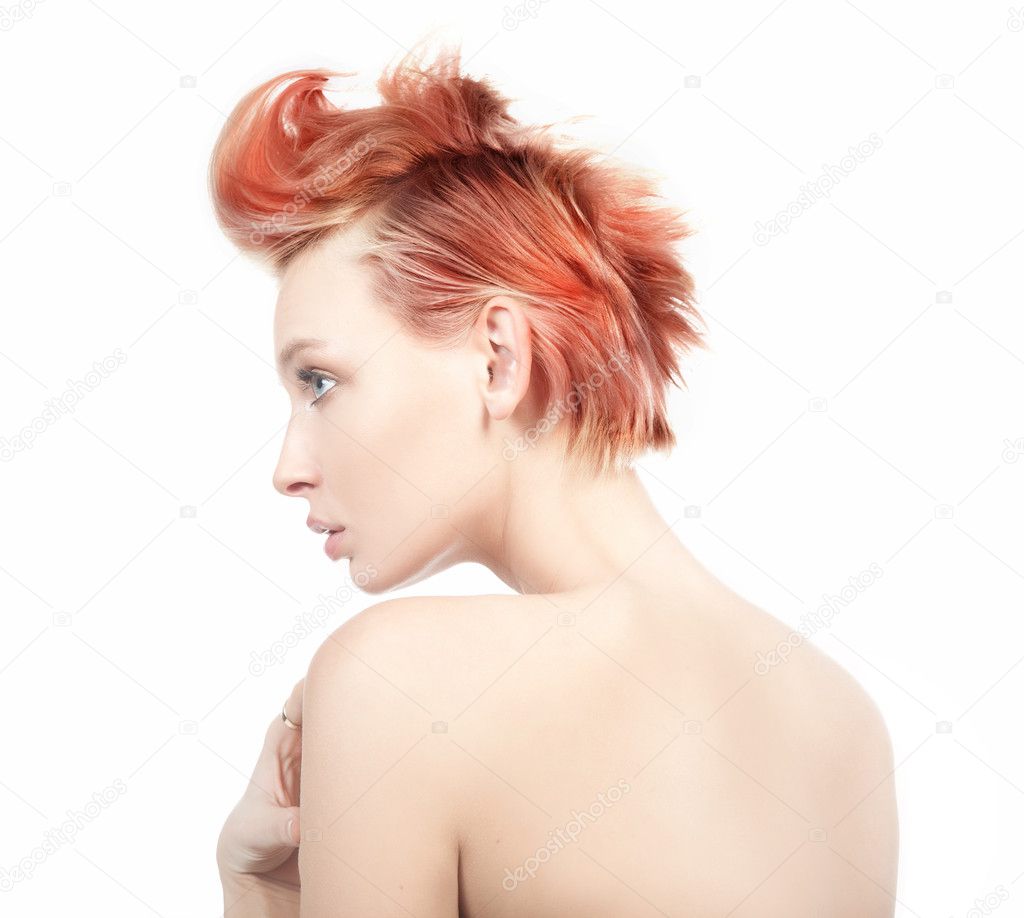 Profile view of a red haired woman