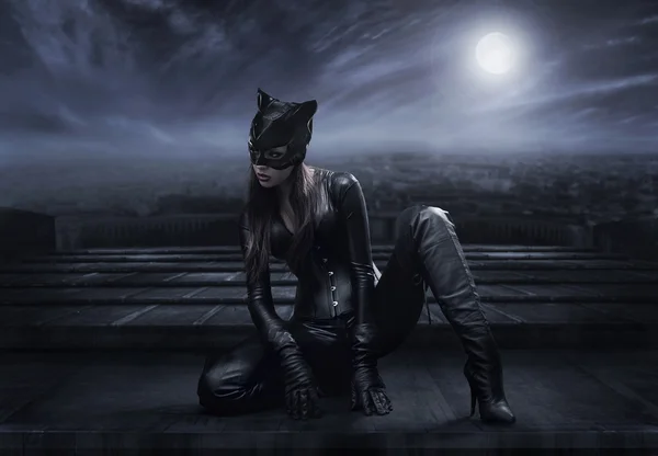 Catwoman, siedzący na dachu — Zdjęcie stockowe