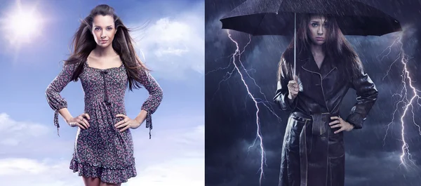 Conceptuele foto van een vrouw voorjaar versus trieste herfst dame — Stockfoto