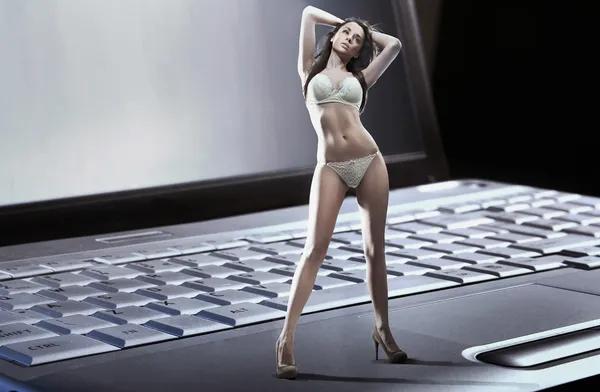 Mulher sexy vestindo lingerie de pé n laptop — Fotografia de Stock