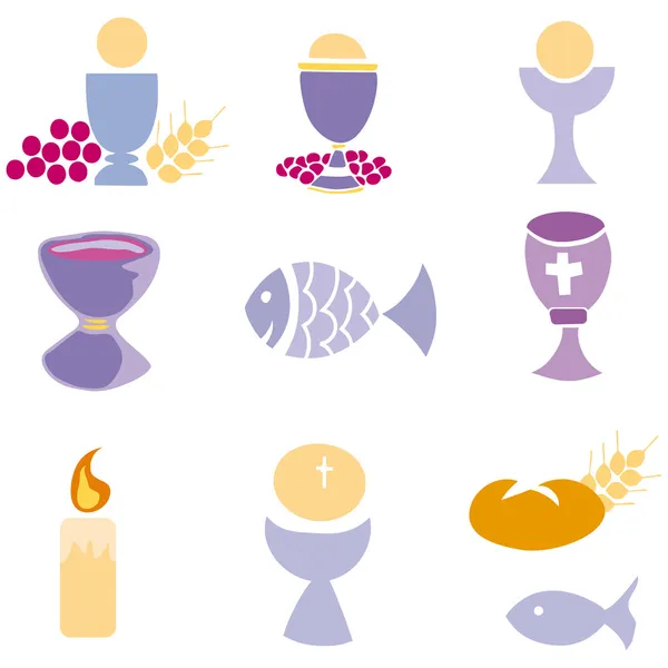 Série d'illustrations d'une communion représentant des symboles chrétiens traditionnels — Image vectorielle