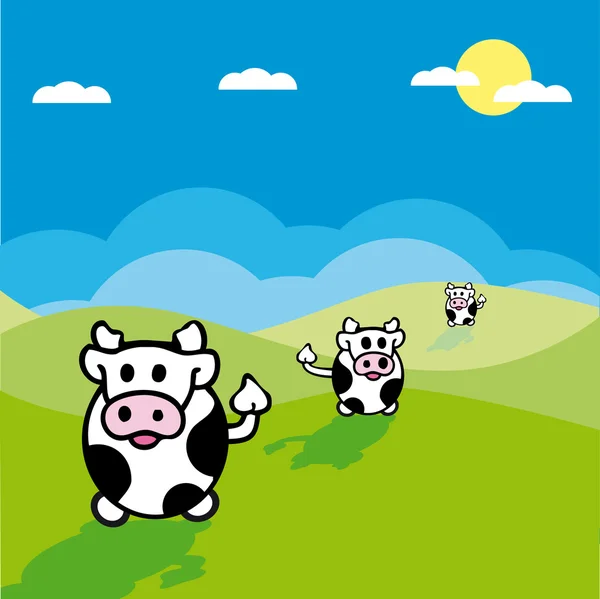Vector illustration of cows in a grassy field with blue sky — Stock Vector