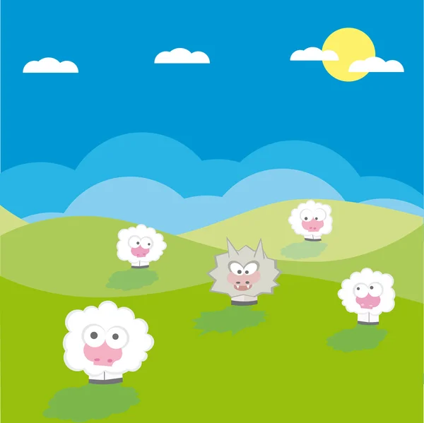 Vecteur moutons avec loup vecteur illustration dessin animé — Image vectorielle