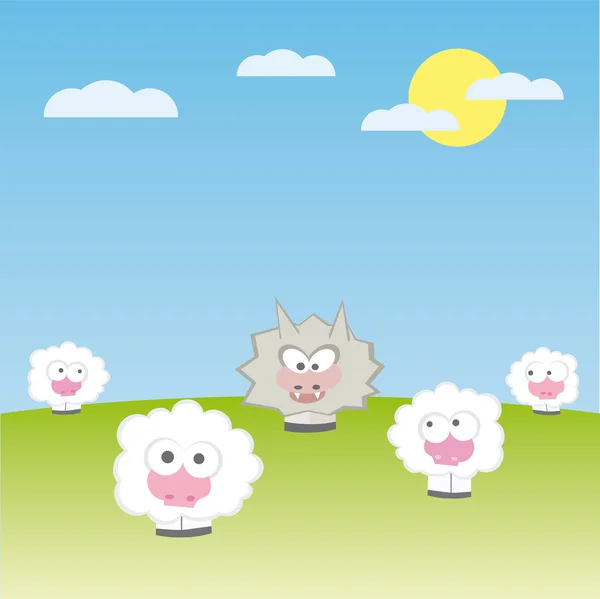 Vettore pecore con lupo vettore illustrazione cartone animato — Vettoriale Stock