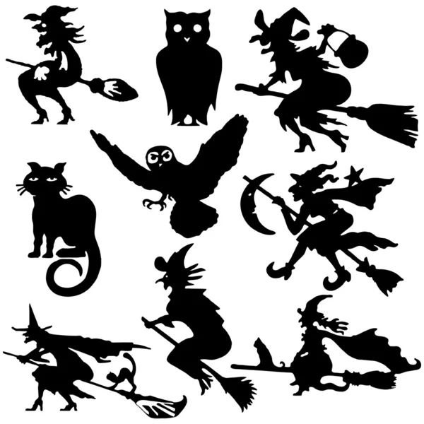 Silhouettes of witch flying on broom vector illustration — Stock Vector