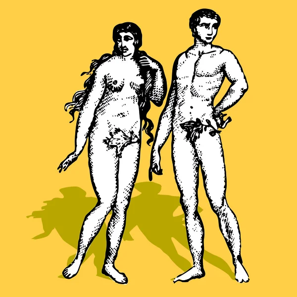 Adán y Eva vector de dibujos animados ilustración retro creación de Dios — Vector de stock